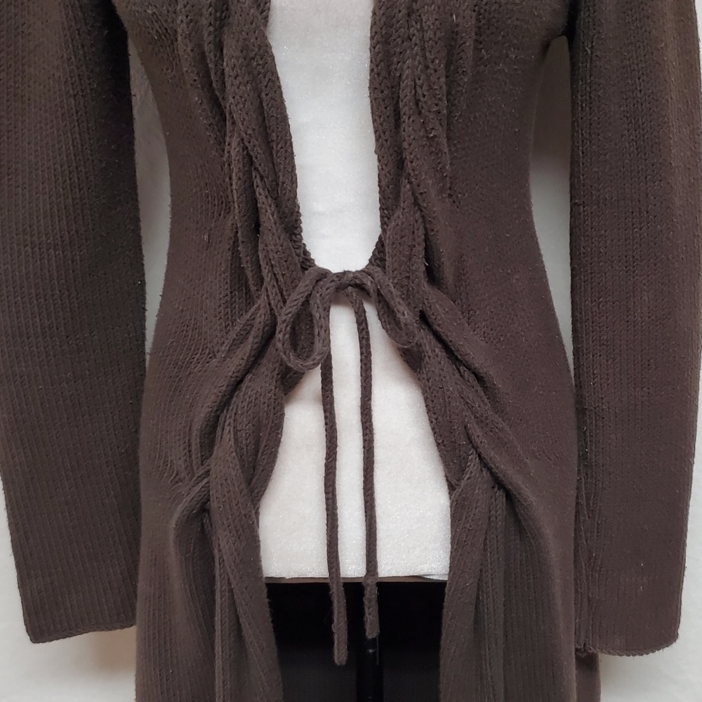 Rare Vintage 90s Max Studio Chocolate Brown Braided Detail Maxi Duster Cardigan - Picture 7 of 14